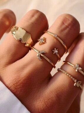 𝅺GOLD Star & Moon 6pc Ring Set